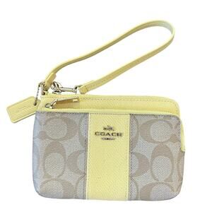Coach PVC Leather Double Zipper‎ Wristlet Wallet - Beige & Yellow